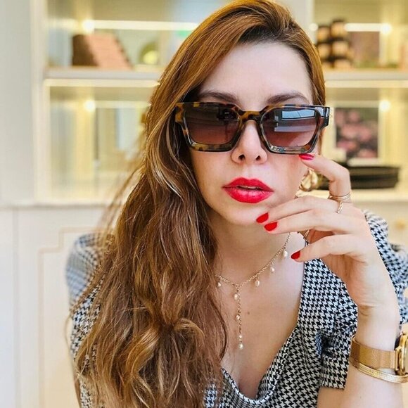 Retro Thick Square Frame Leopard Women Men Rectangle Y2K Brown Tint Sunglasses - Picture 3 of 8